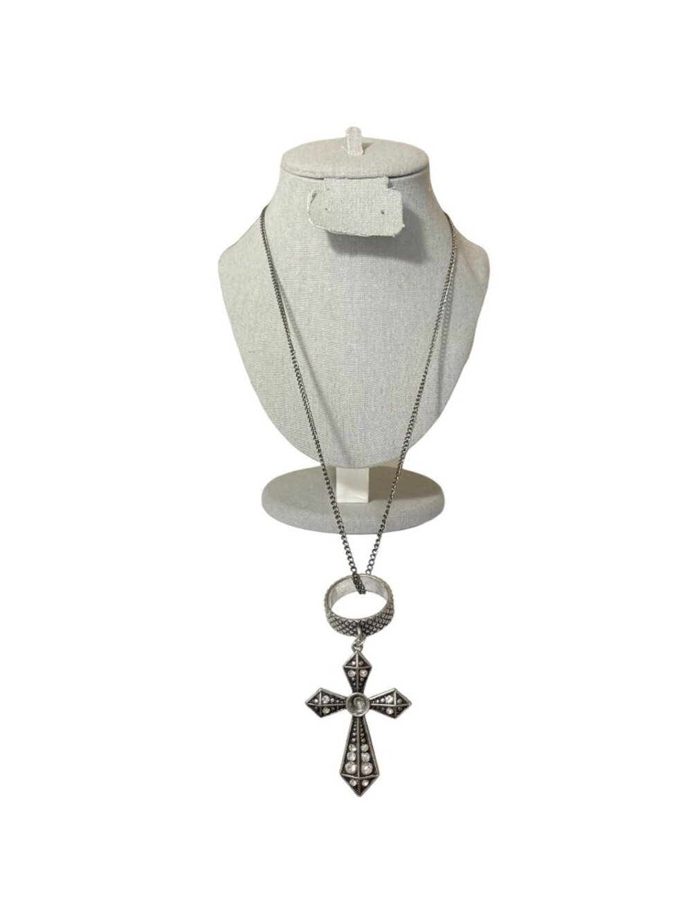 Silver-Tone Cross Pendant Necklace with Rhinestones and Ring Accent faith